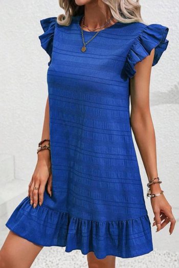 Women Dark Blue Textured Flutter Sleeve Ruffle Mini Dress | Short Dresses