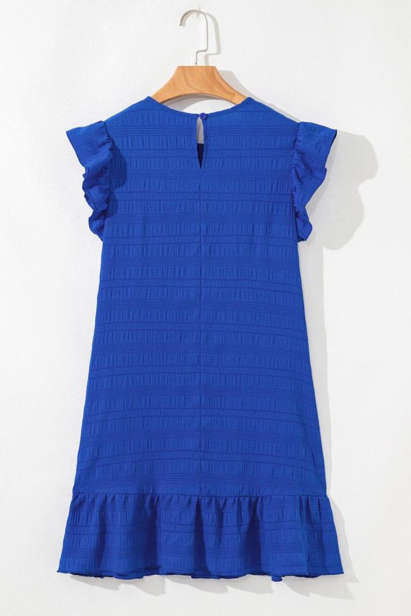 Women Dark Blue Textured Flutter Sleeve Ruffle Mini Dress | Short Dresses - Image 4