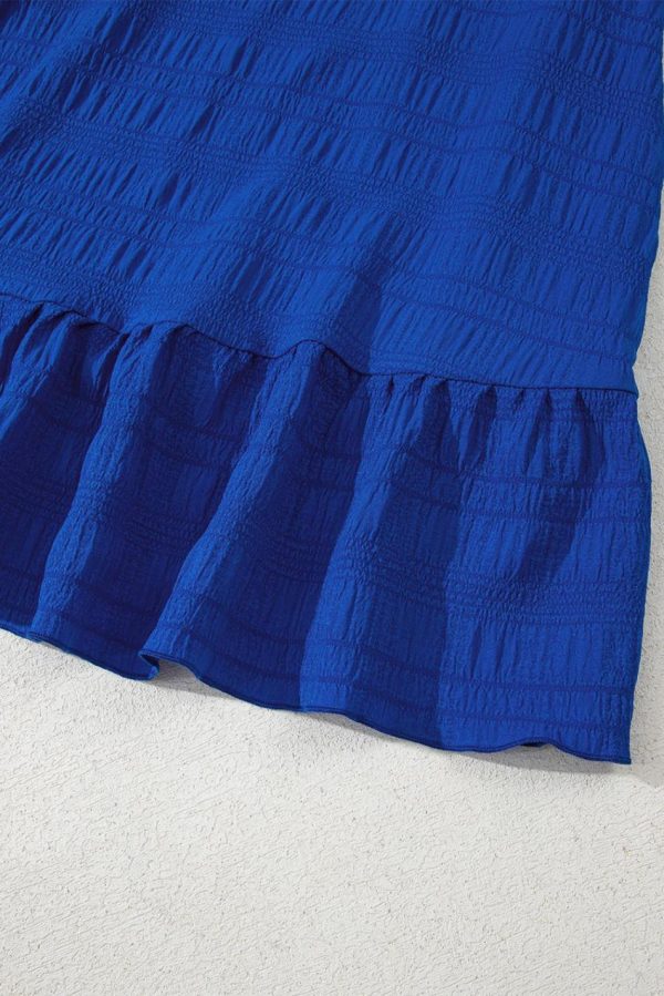 Women Dark Blue Textured Flutter Sleeve Ruffle Mini Dress | Short Dresses - Image 7