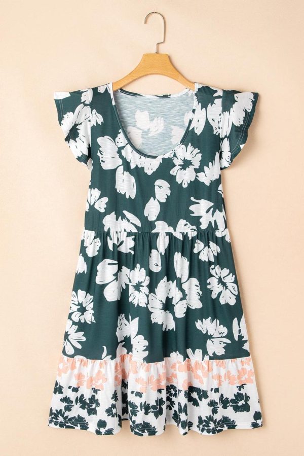 Women Dark Green Floral Print Ruffle Sleeve Empire Waist Mini Dress | Short Dresses - Image 5