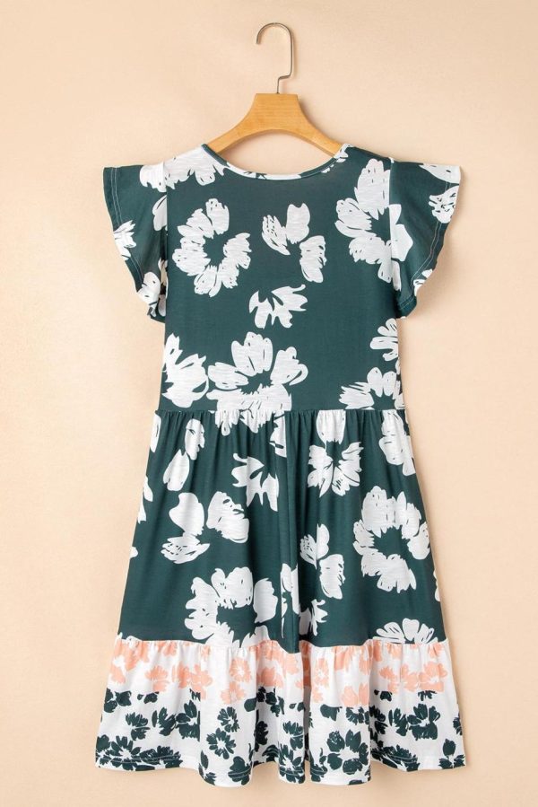 Women Dark Green Floral Print Ruffle Sleeve Empire Waist Mini Dress | Short Dresses - Image 6