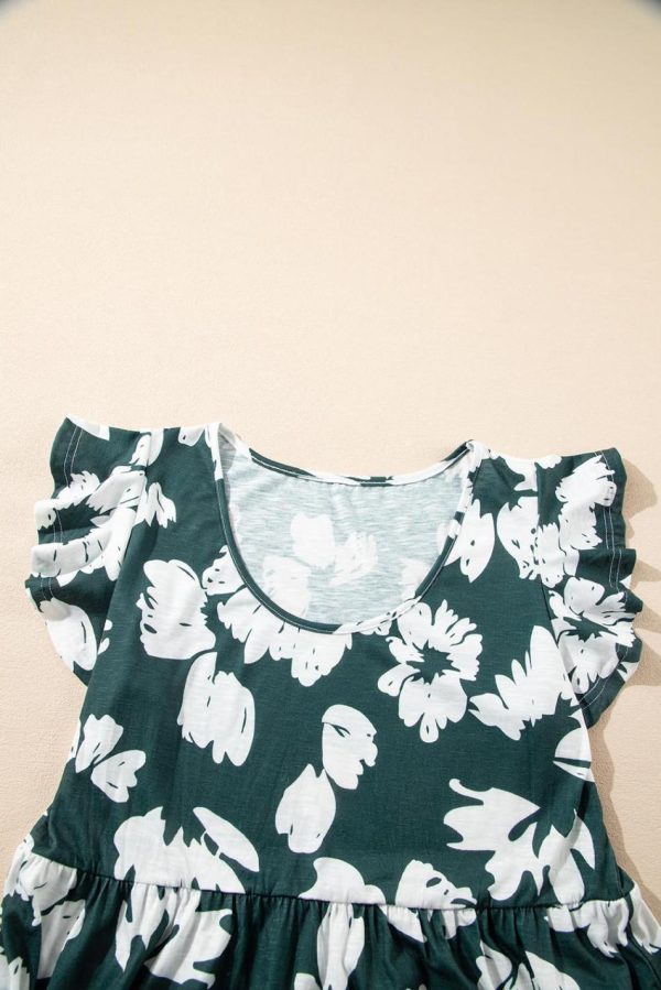 Women Dark Green Floral Print Ruffle Sleeve Empire Waist Mini Dress | Short Dresses - Image 7