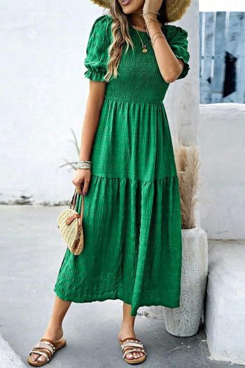 Women Dark Green Solid Textured Shirred High Waist Midi Dress | Midi Dresses