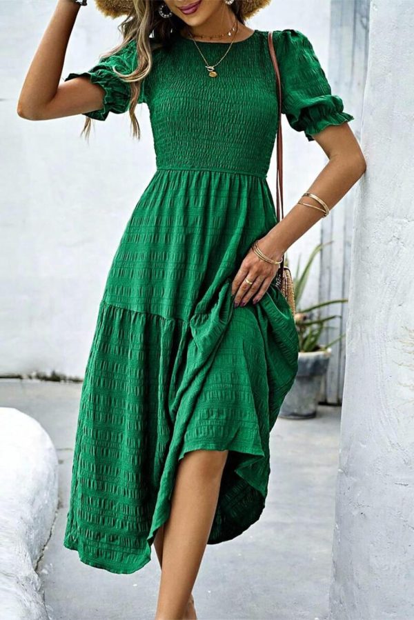 Women Dark Green Solid Textured Shirred High Waist Midi Dress | Midi Dresses - Image 2