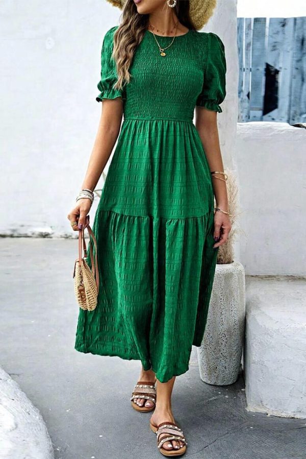 Women Dark Green Solid Textured Shirred High Waist Midi Dress | Midi Dresses - Image 3