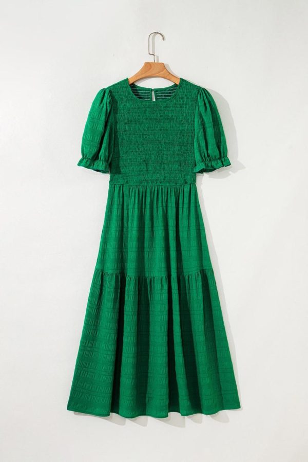 Women Dark Green Solid Textured Shirred High Waist Midi Dress | Midi Dresses - Image 4