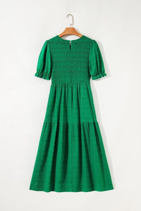 Women Dark Green Solid Textured Shirred High Waist Midi Dress | Midi Dresses - Image 5