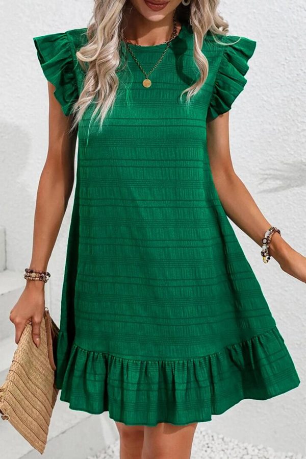 Women Dark Green Textured Flutter Sleeve Ruffle Mini Dress | Short Dresses - Image 2