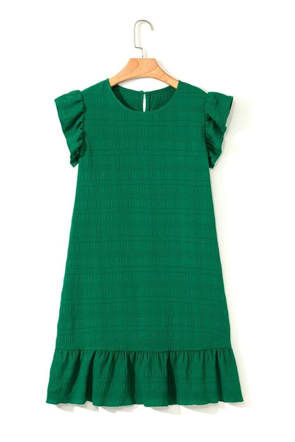 Women Dark Green Textured Flutter Sleeve Ruffle Mini Dress | Short Dresses - Image 4