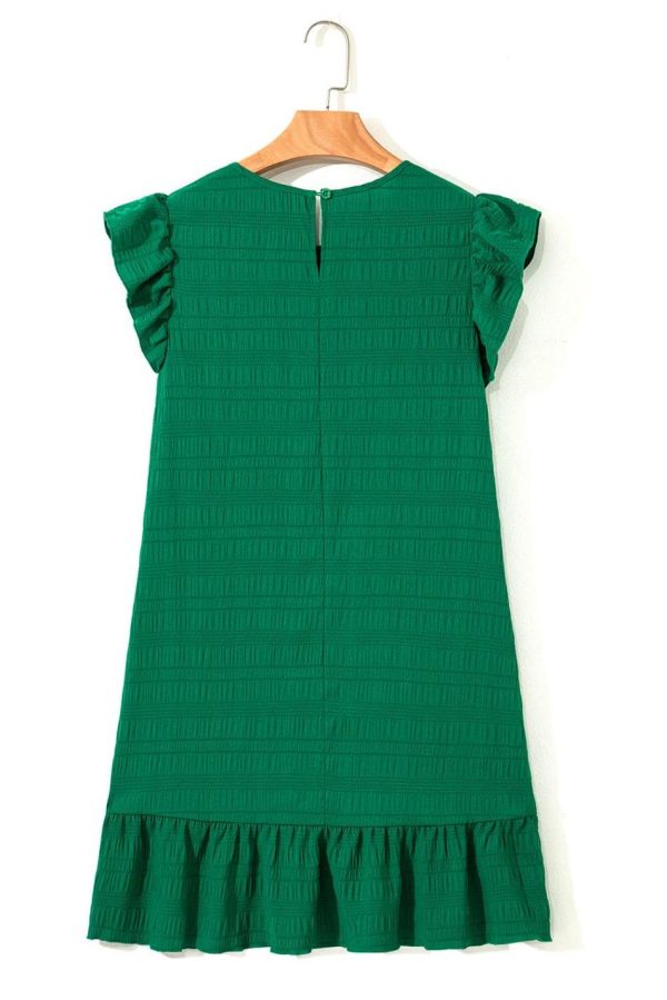 Women Dark Green Textured Flutter Sleeve Ruffle Mini Dress | Short Dresses - Image 5