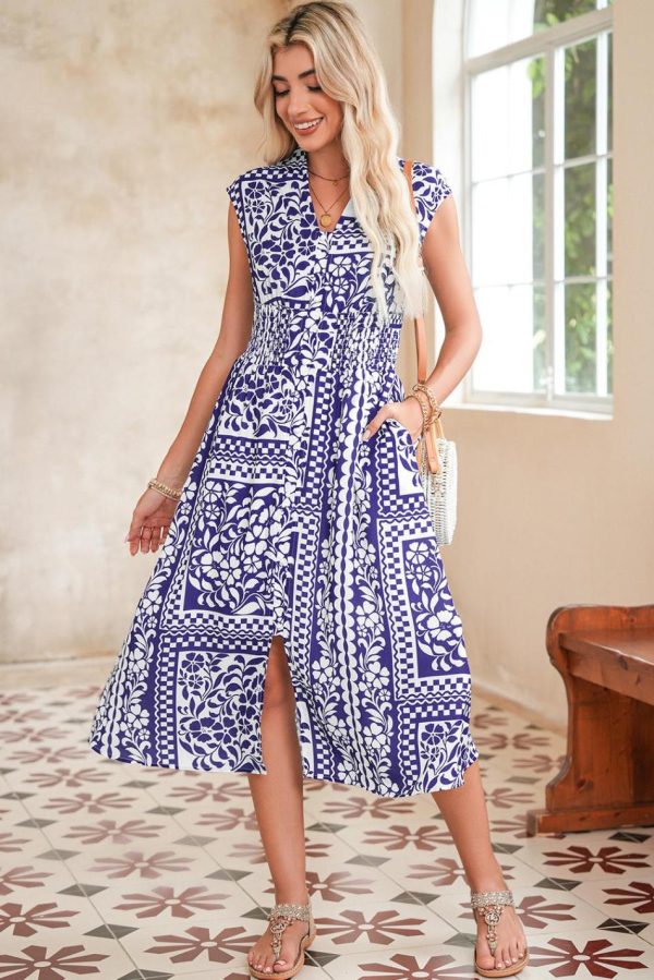 Women Dirty Blue Floral Print Smocked Waist Sleeveless Dress | Midi Dresses - Image 2