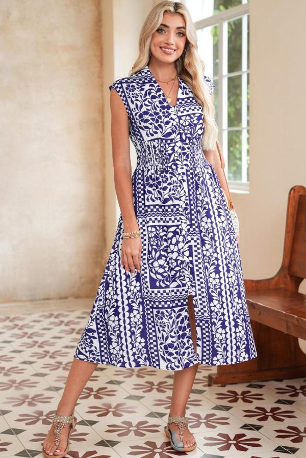 Women Dirty Blue Floral Print Smocked Waist Sleeveless Dress | Midi Dresses - Image 3