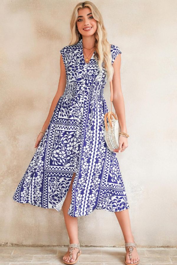 Women Dirty Blue Floral Print Smocked Waist Sleeveless Dress | Midi Dresses - Image 4