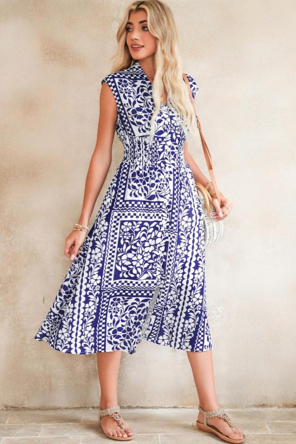Women Dirty Blue Floral Print Smocked Waist Sleeveless Dress | Midi Dresses - Image 5