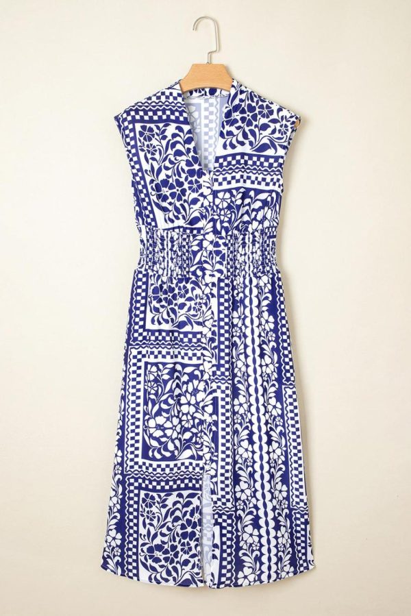 Women Dirty Blue Floral Print Smocked Waist Sleeveless Dress | Midi Dresses - Image 7