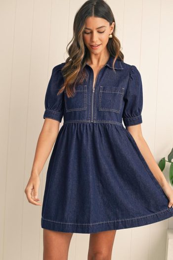 Women Dirty Blue Puff Sleeve Half Zipper Denim Flowy Dress | Short Dresses