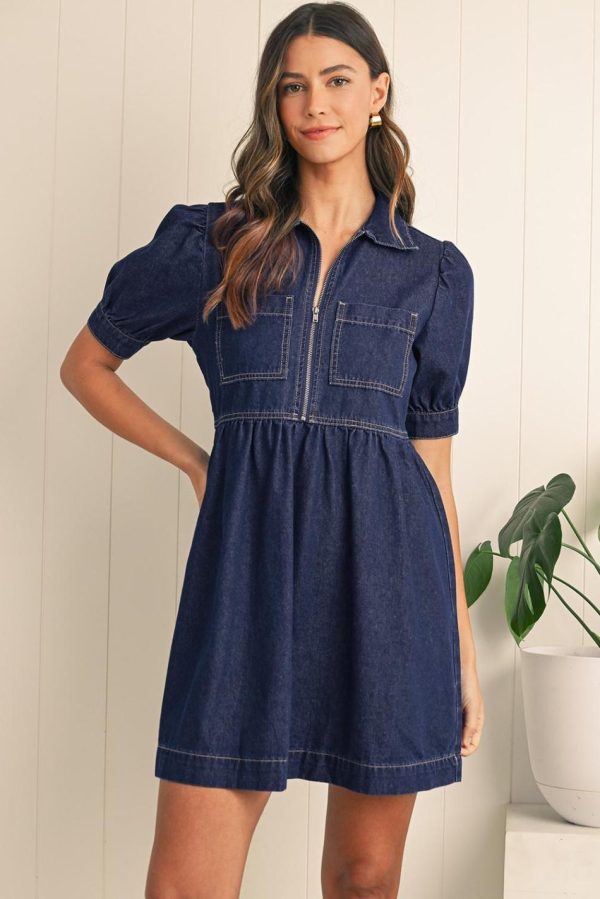 Women Dirty Blue Puff Sleeve Half Zipper Denim Flowy Dress | Short Dresses - Image 2