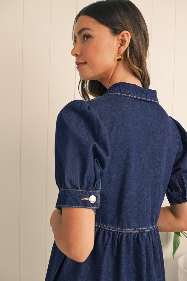 Women Dirty Blue Puff Sleeve Half Zipper Denim Flowy Dress | Short Dresses - Image 6