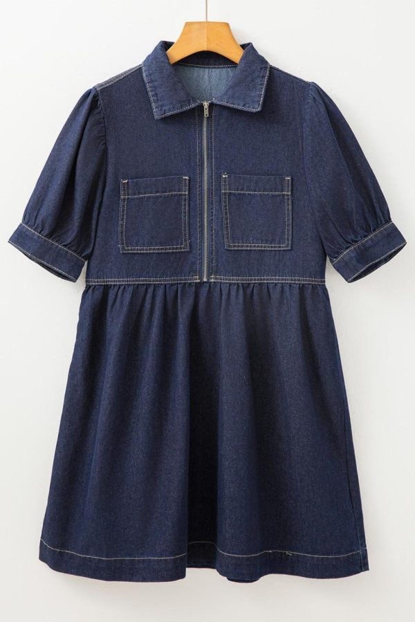 Women Dirty Blue Puff Sleeve Half Zipper Denim Flowy Dress | Short Dresses - Image 7