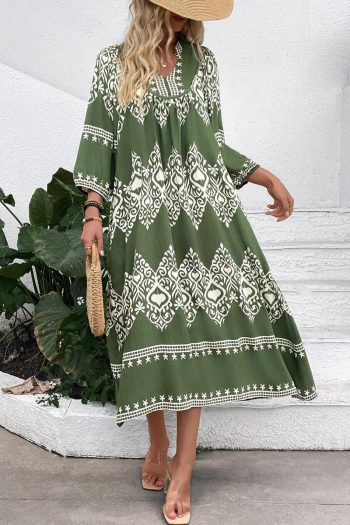 Women Green Abstract Geometric Print Long Sleeve Vacation Dress | Midi Dresses