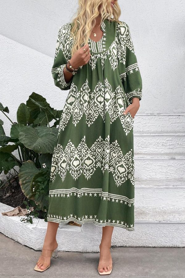 Women Green Abstract Geometric Print Long Sleeve Vacation Dress | Midi Dresses - Image 3
