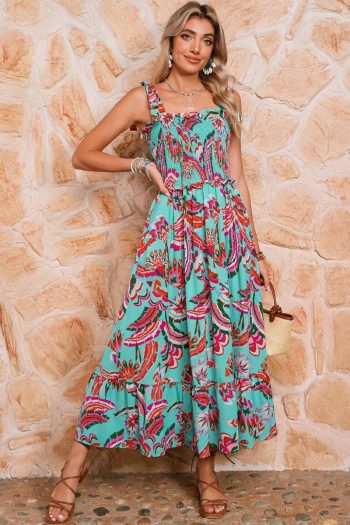 Women Green Abstract Print Smocked Bodice Knotted Straps Maxi Dress | Maxi Dresses