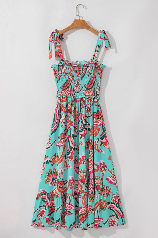 Women Green Abstract Print Smocked Bodice Knotted Straps Maxi Dress | Maxi Dresses - Image 5
