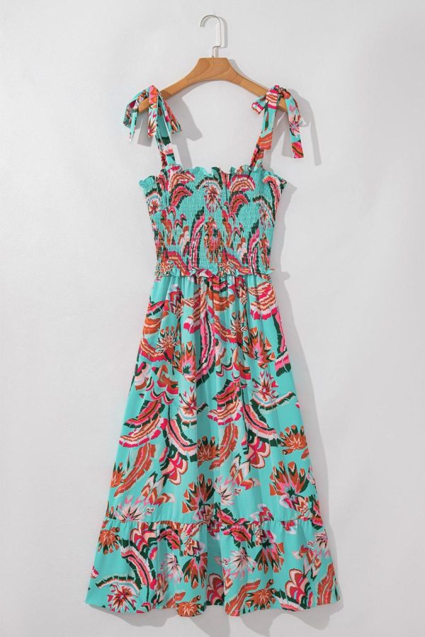Women Green Abstract Print Smocked Bodice Knotted Straps Maxi Dress | Maxi Dresses - Image 6