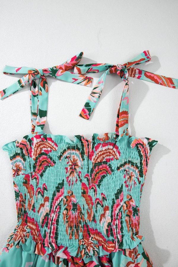 Women Green Abstract Print Smocked Bodice Knotted Straps Maxi Dress | Maxi Dresses - Image 7