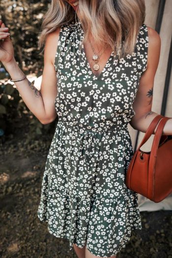 Women Green Boho Floral Print V Neck Knot Waist Sleeveless Dress | Short Dresses