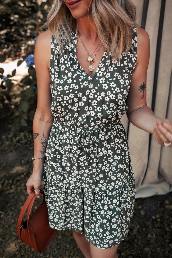 Women Green Boho Floral Print V Neck Knot Waist Sleeveless Dress | Short Dresses - Image 2