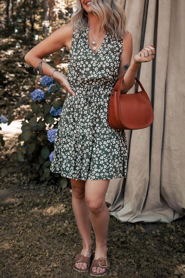Women Green Boho Floral Print V Neck Knot Waist Sleeveless Dress | Short Dresses - Image 3