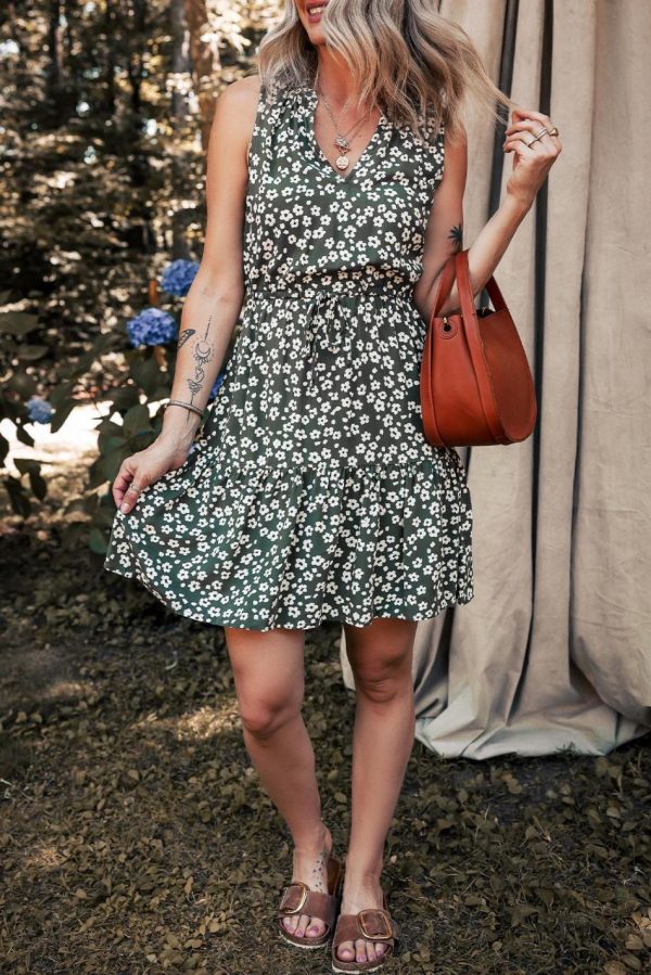 Women Green Boho Floral Print V Neck Knot Waist Sleeveless Dress | Short Dresses - Image 4
