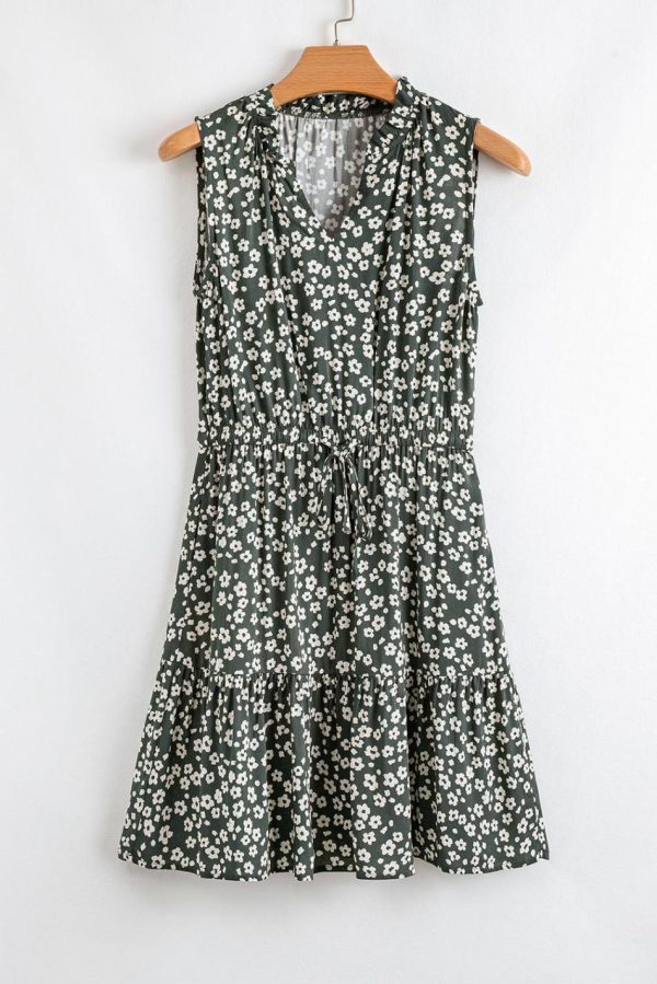 Women Green Boho Floral Print V Neck Knot Waist Sleeveless Dress | Short Dresses - Image 5