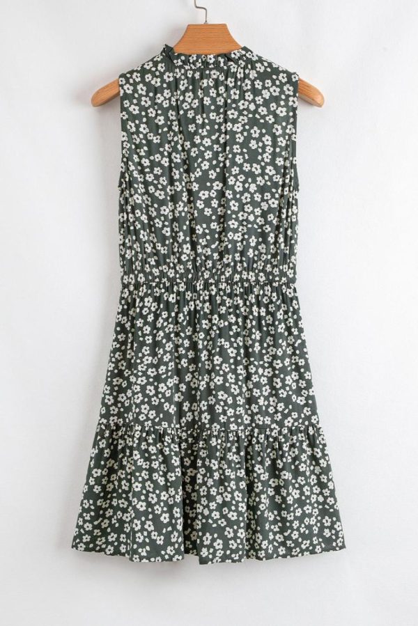Women Green Boho Floral Print V Neck Knot Waist Sleeveless Dress | Short Dresses - Image 6