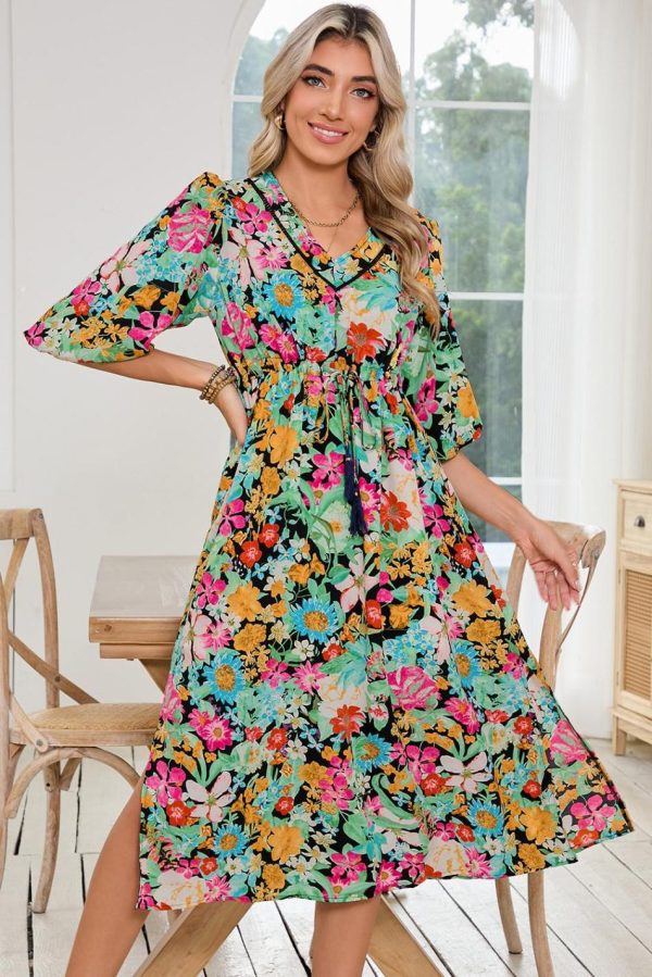 Women Green Boho Floral Puff Sleeve V Neck Tassel Drawstring Midi Dress | Midi Dresses