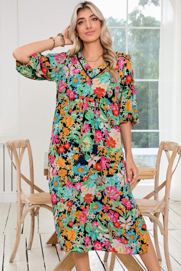 Women Green Boho Floral Puff Sleeve V Neck Tassel Drawstring Midi Dress | Midi Dresses - Image 2