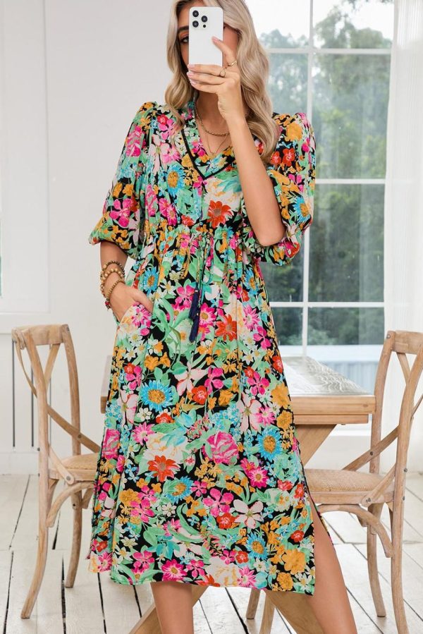 Women Green Boho Floral Puff Sleeve V Neck Tassel Drawstring Midi Dress | Midi Dresses - Image 4
