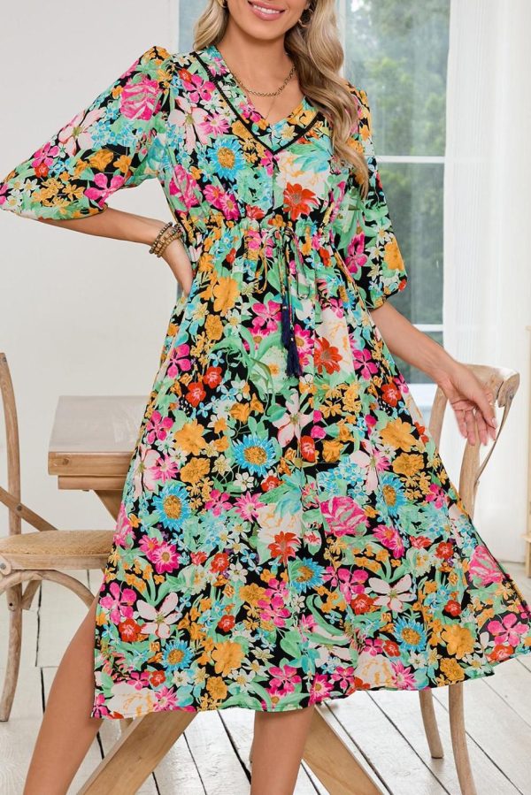 Women Green Boho Floral Puff Sleeve V Neck Tassel Drawstring Midi Dress | Midi Dresses - Image 5