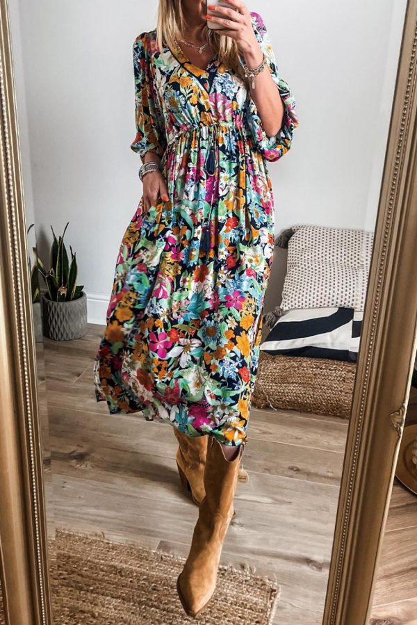 Women Green Boho Floral Puff Sleeve V Neck Tassel Drawstring Midi Dress | Midi Dresses - Image 6