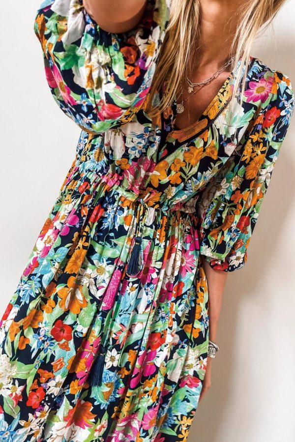 Women Green Boho Floral Puff Sleeve V Neck Tassel Drawstring Midi Dress | Midi Dresses - Image 7