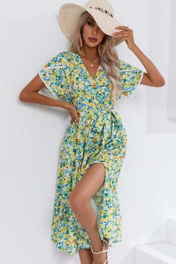 Women Green Floral Knot Waist V Neck Midi Dress | Midi Dresses
