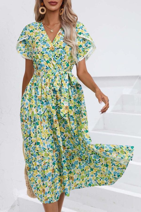 Women Green Floral Knot Waist V Neck Midi Dress | Midi Dresses - Image 2