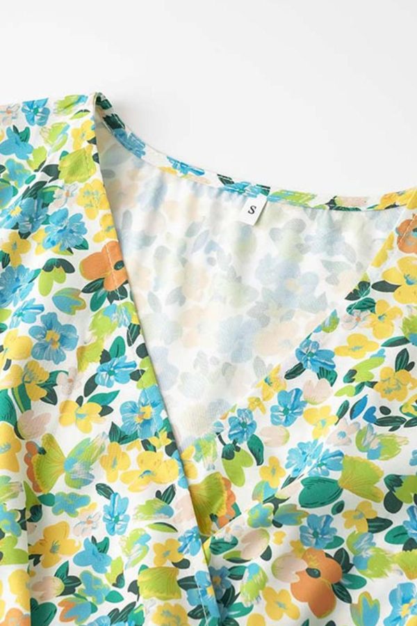 Women Green Floral Knot Waist V Neck Midi Dress | Midi Dresses - Image 3