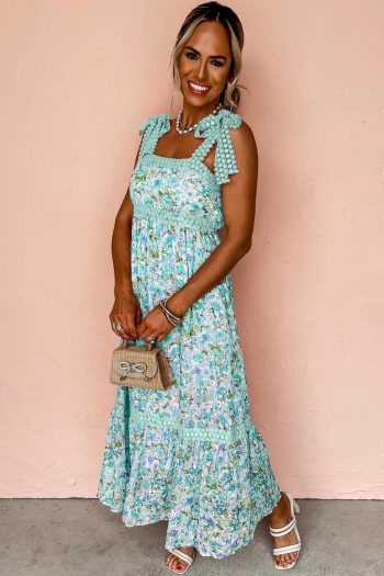 Women Green Floral Lace Tied Strap Empire Waist Maxi Dress | Maxi Dresses