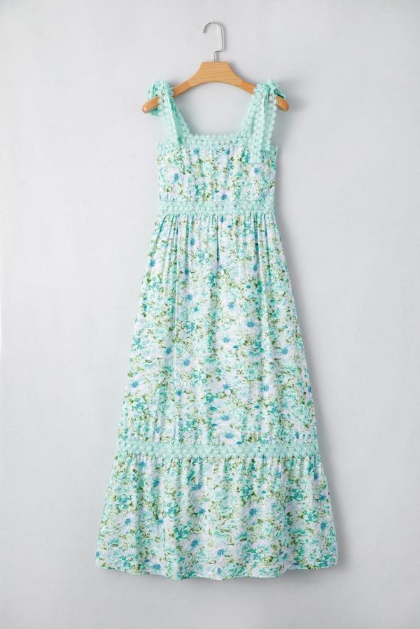 Women Green Floral Lace Tied Strap Empire Waist Maxi Dress | Maxi Dresses - Image 3