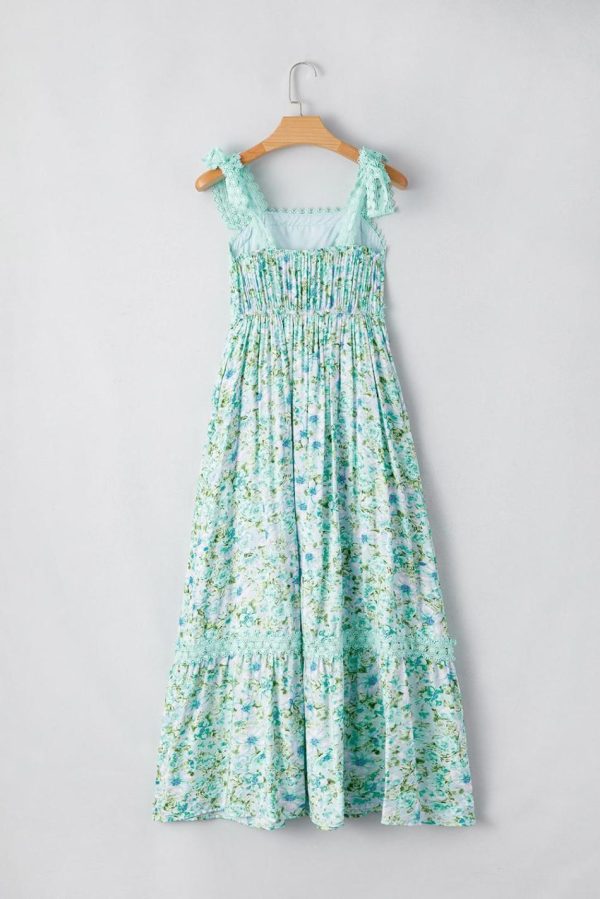 Women Green Floral Lace Tied Strap Empire Waist Maxi Dress | Maxi Dresses - Image 4