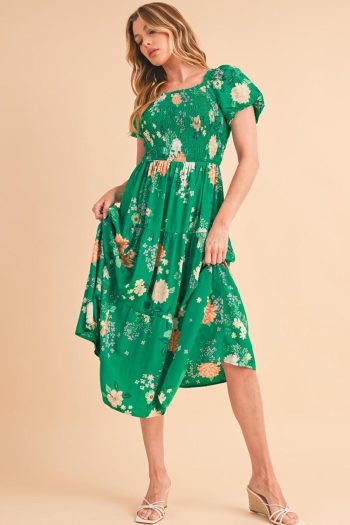 Women Green Floral Print Bubble Sleeve Smocked Tiered Midi Dress | Midi Dresses