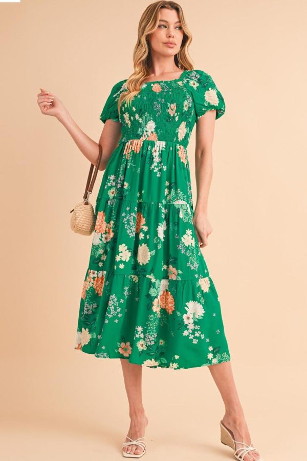 Women Green Floral Print Bubble Sleeve Smocked Tiered Midi Dress | Midi Dresses - Image 3