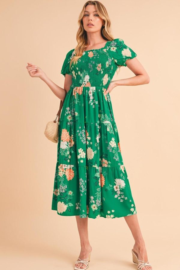 Women Green Floral Print Bubble Sleeve Smocked Tiered Midi Dress | Midi Dresses - Image 4